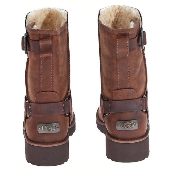 🆕️ UGG Maddox Leather Buckle Strap UGGPure Lining Wedge Brown Women's Boots 7 - Picture 1 of 16